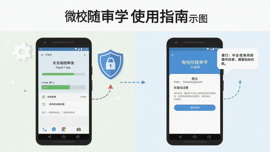 微校随申学使用指南示意图,画面展示一部安卓手机正在安装应用,屏幕显示安装进度条与权限设置界面,旁边有盾牌图标、齿轮图标与提示气泡,布局采用左右结构,风格为扁平化说明插画,细节突出安全提示与操作步骤,画质清晰,背景简洁,无多余元素
