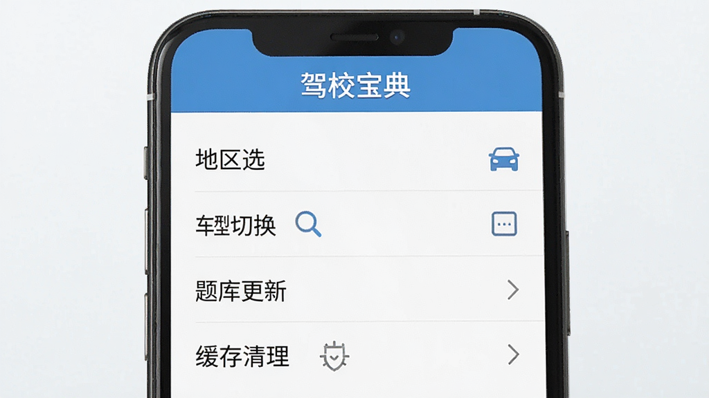 一张AI生成的手机屏幕截图风格图,画面显示驾校宝典APP的设置页面,包含地区选择、车型切换、题库更新、缓存清理等选项,界面布局清晰,顶部有“驾校宝典”标题栏,风格简洁实用,画质干净,无多余元素