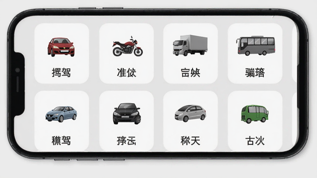 一张AI生成的驾校宝典多车型选择界面图,画面展示手机屏幕上有多个车型图标按钮,包括小汽车、摩托车、货车、客车等,每个图标下方标注对应准驾车型代号,界面背景为浅灰色,风格简约现代,布局整齐,画质干净,无多余元素