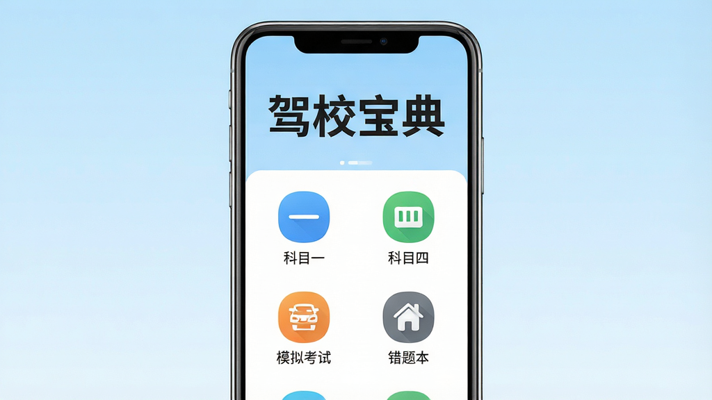 一张手机应用界面展示图,画面中央是一部智能手机,屏幕显示驾校宝典APP首页,界面上方有“驾校宝典”四个大字,下方排列科目一、科目四、模拟考试、错题本等功能图标,背景为浅蓝色渐变,风格简洁清新,细节清晰,画质干净,无多余元素