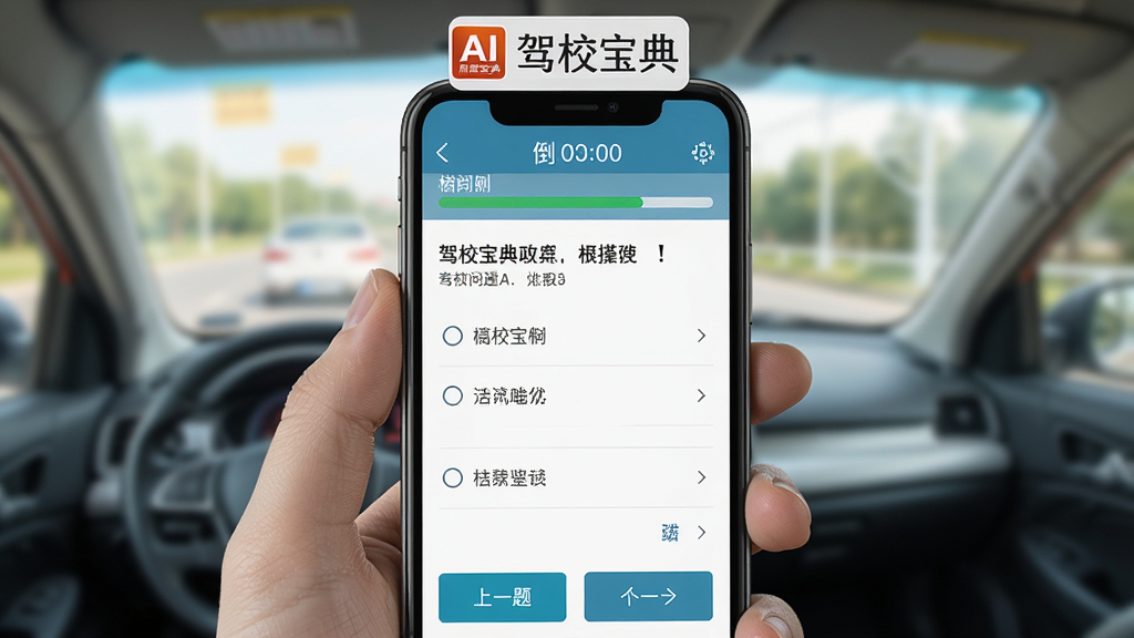 一张AI生成的驾校宝典模拟考试界面图,画面主体为手机屏幕显示考试答题页,顶部有倒计时和进度条,中间是题目和四个选项,底部有上一题下一题按钮,屏幕上方悬浮“驾校宝典”文字标识,整体布局清晰,风格写实,画质干净,无多余元素