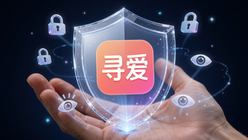 画面主体为一只手掌托起一个发光的盾牌,盾牌中央显示“寻爱”App的图标,周围环绕着锁形图标和眼睛图标。布局为居中特写,盾牌位于视觉中心。风格为科技感轻写实,细节上强调盾牌的光泽与透明质感。画质高清、干净、无多余元素,背景为深蓝色渐变。