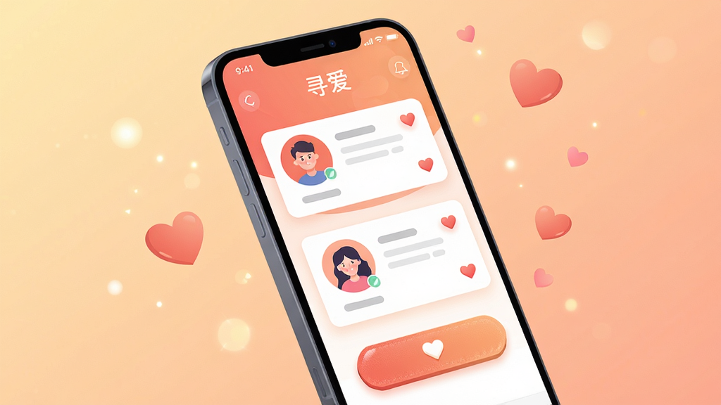 画面主体为一部智能手机,屏幕中显示“寻爱”App的社交界面,界面中有多个用户头像卡片和心形图标。布局采用居中构图,手机微微倾斜,背景为柔和的暖色调渐变,点缀着飘浮的心形和光斑。风格为现代扁平化插画,细节上强调界面UI的清晰度与按钮质感。画质要求高清、干净、无多余元素,整体氛围温馨且充满期待感。