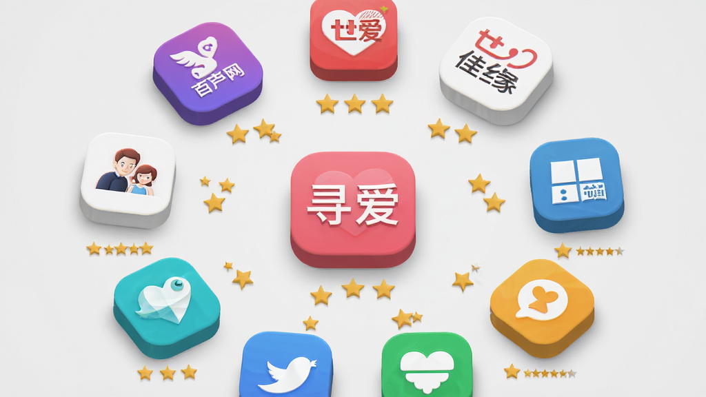 画面主体为多款社交应用图标排列成圆形,中心是“寻爱”图标,周围图标包括百合网、世纪佳缘等。布局为环形放射状,图标下方带有星级评分。风格为干净简约的2.5D扁平风,细节上突出图标立体感与阴影。画质高清、干净、无多余元素,背景为浅灰色。