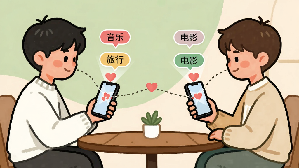 画面主体为两个卡通风格的年轻人坐在咖啡桌两边,各自拿着手机,手机屏幕投射出兴趣标签和心形连线。布局为左右对称,中间用虚线连接。风格为清新治愈系插画,细节上突出标签文字如“音乐”“旅行”“电影”。画质高清、干净、无多余元素,背景为浅绿色与米色搭配。