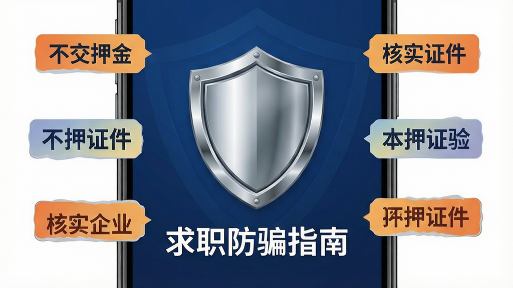行业找工作App安全求职提示界面图,手机屏幕中央显示一个醒目的盾牌图标,下方文字为“求职防骗指南”,屏幕周围环绕着“不交押金”、“不押证件”、“核实企业”等安全提示标签,布局为居中对称式,风格为安全警示类UI设计,细节上盾牌有金属质感光泽,背景为深蓝色,画质清晰,画面干净,无多余元素