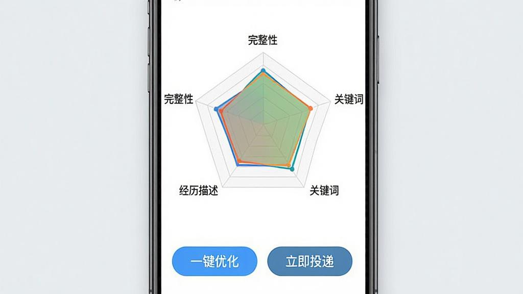 行业找工作App简历优化功能界面展示图,手机屏幕中央显示一份简历的评分雷达图,周围环绕着“完整性”、“关键词”、“经历描述”等评分维度标签,屏幕下方有“一键优化”和“立即投递”按钮,布局为上下结构,风格为清新商务风,细节上雷达图有彩色填充,背景为浅灰色,画质清晰,画面干净整洁