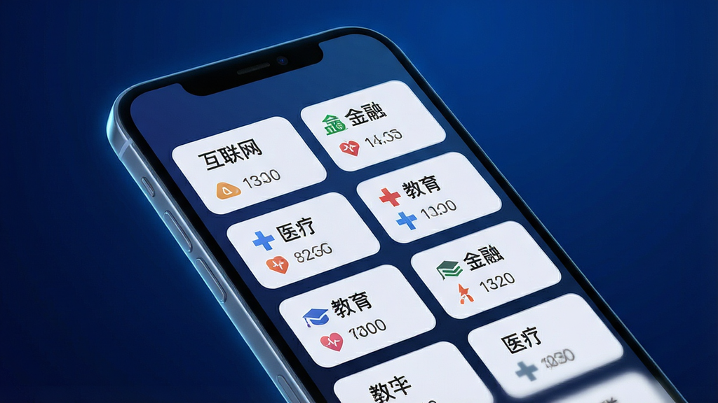 一张AI生图,画面主体为行业找工作App的行业选择界面,手机屏幕内展示着整齐排列的行业分类标签,如“互联网”、“金融”、“医疗”、“教育”等,每个标签下方带有小图标和岗位数量提示,布局采用网格状排列,风格为简约科技风,细节上屏幕边缘有微光效果,背景为深蓝色渐变,画质高清,画面干净,无多余装饰元素
