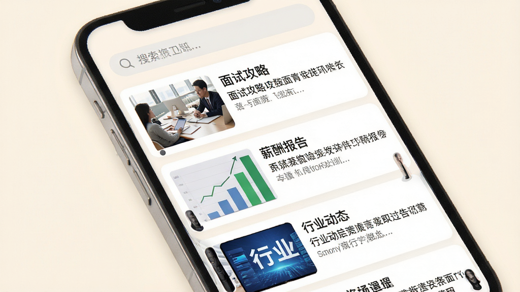 行业找工作App职场资讯板块界面图,手机屏幕内显示着“面试攻略”、“薪酬报告”、“行业动态”等文章列表,每篇文章配有缩略图和标题,布局为垂直列表式,风格为现代阅读类App设计,细节上屏幕顶部有搜索栏,背景为柔和的米白色,画质高清,画面干净,无多余装饰