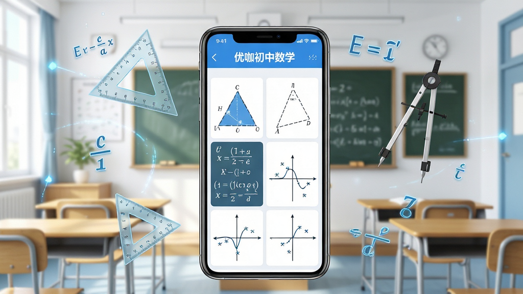 一幅展现优咖初中数学软件核心功能的宣传图,画面中央是一部智能手机,屏幕上显示着“优咖初中数学”的APP界面,界面中包含几何图形、代数公式和函数图像等元素。手机周围漂浮着数学符号、三角尺和圆规等学习工具。背景是明亮的教室环境,有黑板和课桌。整体风格清新、专业、有科技感,构图居中,排版整洁,细节丰富,画质清晰,干净无多余元素。