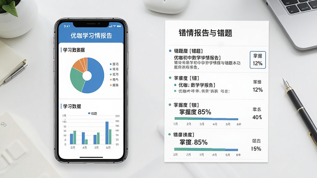 一幅展示优咖初中数学学情报告与错题本功能的示意图,画面中一部手机屏幕显示着饼状图和柱状图的学习数据报告,旁边有错题列表和掌握度百分比。背景是简洁的办公桌面。风格商务简洁,排版规整,细节准确,画质清晰,干净无多余装饰。