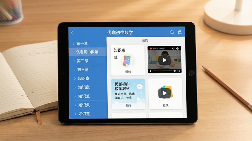一张展示优咖初中数学教材同步功能的界面截图,画面中一部平板电脑竖屏显示,屏幕内呈现“优咖初中数学”的课程目录,左侧是章节列表,右侧是知识点卡片和视频播放按钮。背景是温馨的书桌场景,有笔记本和铅笔。风格简洁明快,排版清晰,细节真实,画质细腻,干净无多余元素。