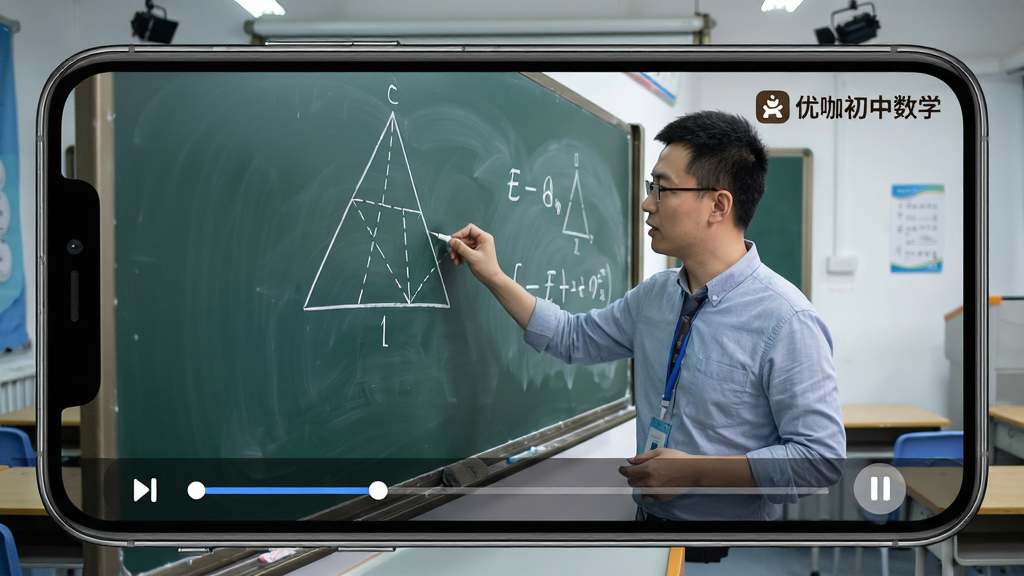一张展示优咖初中数学微课视频播放界面的图片,画面中手机横屏播放着一位数学老师的讲课视频,老师正在黑板上画几何图形,屏幕下方有进度条和暂停按钮。画面角落有“优咖初中数学”的标识。背景是专业的录课教室。风格清晰、专注,排版合理,细节丰富,画质高清,干净无干扰元素。