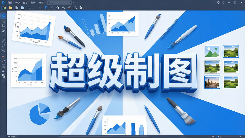 一张展示超级制图软件主界面的图片,画面中央是软件名称“超级制图”的立体字样,周围环绕着图表、画笔、图片缩略图等设计元素,布局采用居中放射状排版,风格为现代科技感与扁平化结合,细节上突出蓝色与白色的清爽配色,画质为4K超清,干净无多余元素