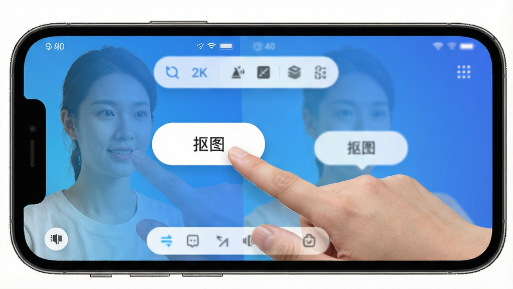 超级制图的一键抠图功能演示图,主体为一只手点击屏幕上的“抠图”按钮,画面中人物与背景分离并替换为蓝色渐变背景,布局为手机界面截图样式,排版突出操作按钮与前后对比效果,风格为简约UI展示风,细节包含清晰的边缘识别线与悬浮工具栏,画质为2K清晰,干净无多余装饰