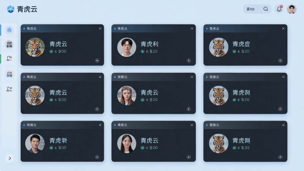 青虎云应用界面中展示多个账号头像同时在线,界面布局清晰,每个账号窗口独立排列,背景为柔和的浅蓝色调,画面简洁明快,画质细腻