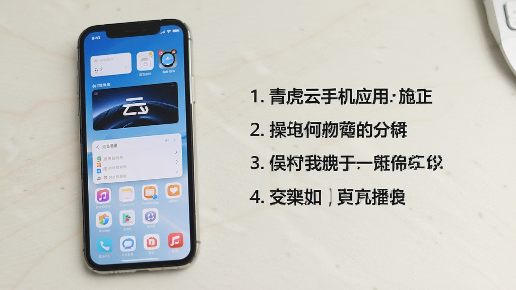 青虎云手机应用在手机上运行时的界面截图,画面中手机屏幕显示云手机桌面,旁边有提示文字标注操作要点,背景为简洁的浅色桌面,画质清晰,干净整洁