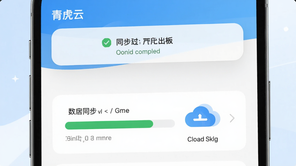 青虎云界面中显示数据同步进度条和云存储图标,手机屏幕上方有同步完成的提示,背景为淡雅的蓝白配色,画面简洁,画质高清