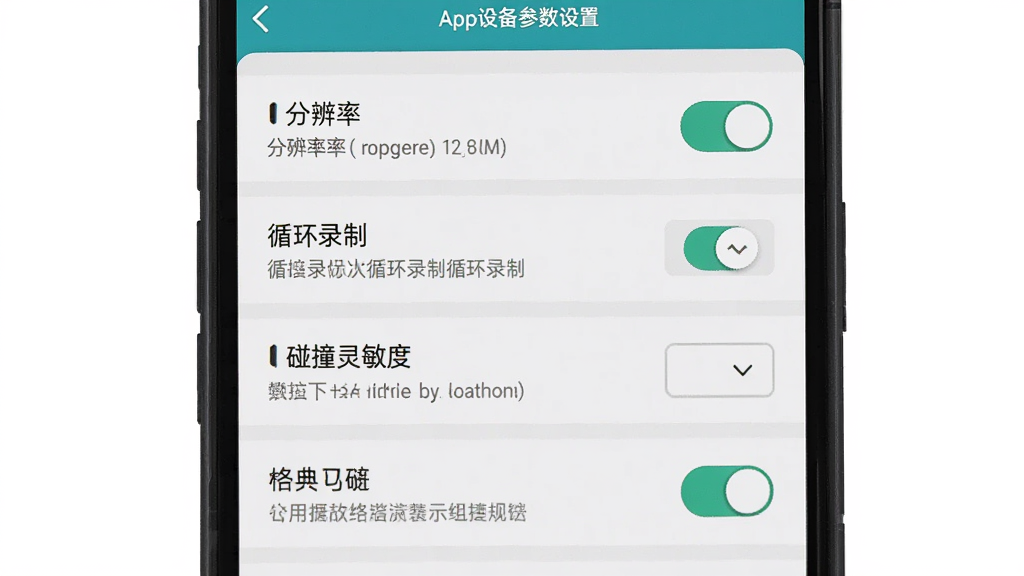 ������App�豸��������ҳ�棬����Ϊ�ֻ���Ļ��ʾ���ò˵��б�������Ϊ����ʽѡ�����У��Ű�����ֱ��ʡ�ѭ��¼�ơ���ײ�����ȵ���Ŀ�����Ϊ��ƽ�����ý���磬ϸ�ڰ������ذ�ť������ѡ���˵�����֣����������ɾ��޶���Ԫ��
