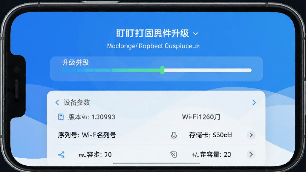 ������App�̼��������豸��Ϣҳ�棬����Ϊ�ֻ���Ļ��ʾ�������������豸��Ϣ��Ƭ������Ϊ���½ṹ���Ϸ�Ϊ������ʾ���·�Ϊ�豸�����б����Ű������ˣ����Ϊ�Ƽ�����UI�磬ϸ�ڰ����汾�š����кš�Wi-Fi���ơ��洢�����������ʸ���ɾ��޶���Ԫ��