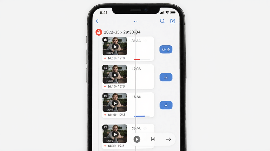 ������App��Ƶ�ط������ؽ��棬����Ϊ�ֻ���Ļ��ʾʱ�����б�����Ƶ����ͼ������Ϊ�������е���ƵƬ�ο�Ƭ���Ű�����չʾ���ڡ�ʱ�������ذ�ť�����Ϊ�ִ���ԼUI�磬ϸ�ڰ���������Ƶ��ͼ�ꡢ���ؽ����������ٲ��ſؼ������ʸ���ɾ��޶���Ԫ��