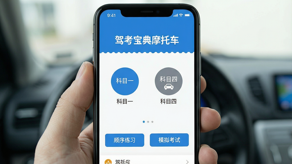 一张手机屏幕展示驾考宝典摩托车软件首页界面,顶部有“驾考宝典摩托车”文字标识,中间是科目一和科目四的圆形功能入口,下方有顺序练习和模拟考试按钮,整体布局简洁,蓝白色调,扁平化UI风格,细节清晰,画质干净,无多余元素