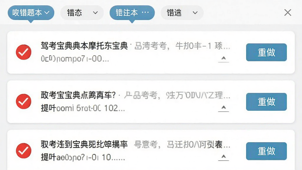 驾考宝典摩托车应用的错题本页面截图,列表展示多道摩托车考试题目,每道题左侧有红色标记,右侧有“重做”按钮,顶部有筛选标签,整体排版整齐,浅色背景,卡片式布局,细节清晰,画质干净,无多余元素