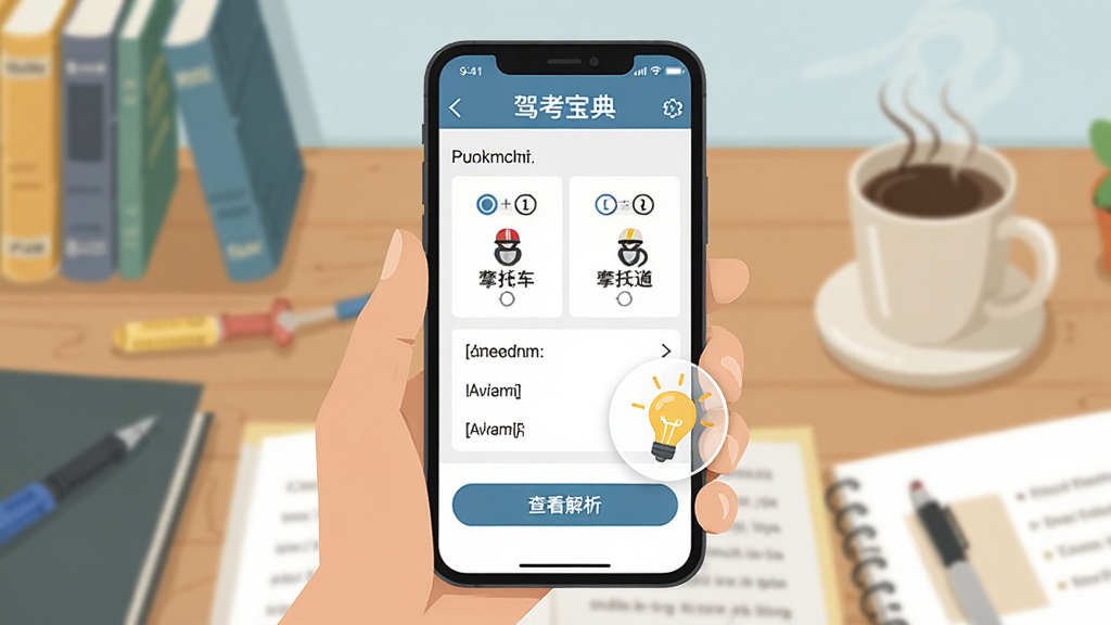 一个打开驾考宝典摩托车应用的学习场景,手机屏幕显示一道摩托车科目一选择题,选项下方有“查看解析”按钮,右侧有一个小灯泡图标代表答案解析,背景是书桌和一杯咖啡,排版居中,扁平插画风格,细节丰富,画质干净,无多余元素