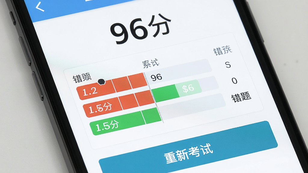 手机屏幕上显示驾考宝典摩托车模拟考试结束后的成绩报告页面,顶部有分数“96分”字样,下方有红色和绿色标记的错题统计图,底部有“重新考试”按钮,界面风格清爽,数字清晰,扁平化设计,细节到位,画质干净,无多余元素