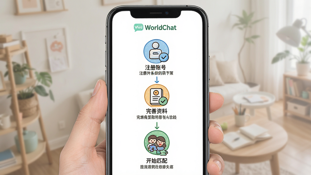 WorldChat���ֲ����������棬����Ϊ�ֻ���Ļ��ʾ�ֲ�����ҳ�棬������ע���˺š����������ϡ�����ʼƥ�䡱��������ͼ�꣬����Ϊ��������ͼ�Ű棬���Ϊ�Ѻ����еĲ廭�磬ϸ����ÿ���������м������˵���͡�WorldChat����־�����ʸ��壬����ɾ����޶���Ԫ��