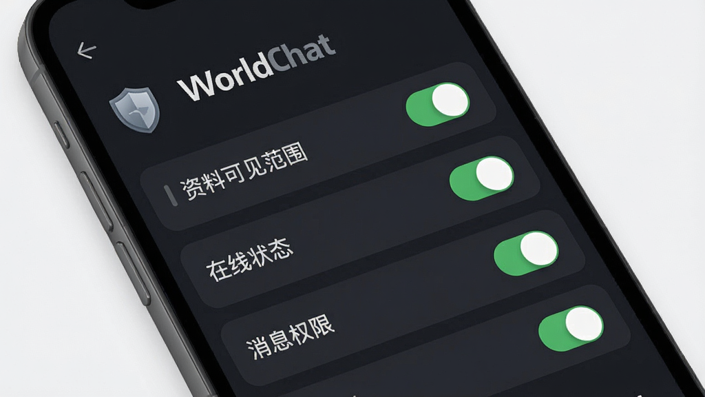 WorldChat��˽��ȫ����ҳ�棬����Ϊ�ֻ���Ļ��ʾ��˽ѡ���б������������Ͽɼ���Χ��������״̬������ϢȨ�ޡ��ȿ��ذ�ť������Ϊ�����б��Ű棬���Ϊ������ɫϵUI��ϸ����ͻ�����ư�ȫͼ��͡�WorldChat�����ƣ����ʸ��壬����ɾ����޶���Ԫ��