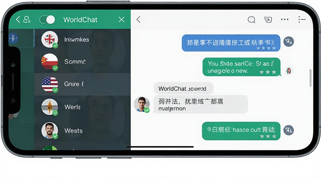 WorldChat��������ȫòչʾ������Ϊһ�������ֻ���Ļ����Ļ������ʾWorldChat������棬����ǲ�ͬ�����û���ͷ���б����Ҳ�������Ի����ݣ�������Ӣ�Ļ����Ϣ���ݣ����ֲ��þ��й�ͼ���Ű��������򣬷��Ϊ�ִ���ƽ��UI��ƣ�ϸ�������ֶ������л���ť�ͷ���Сͼ�꣬���ʸ��壬����ɾ����޶���Ԫ��