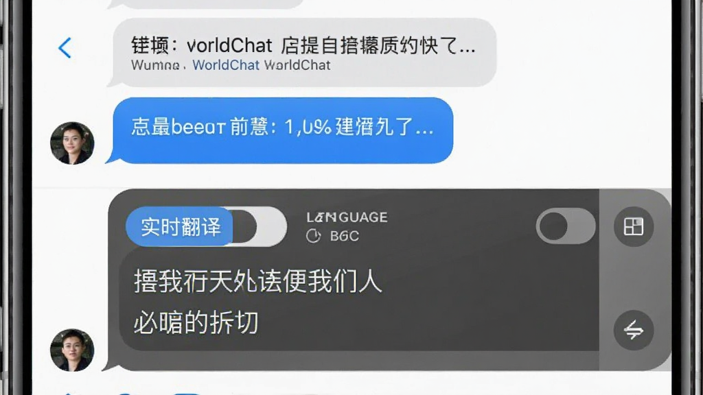 WorldChatʵʱ������������ͼ������Ϊ�ֻ����촰�ڣ��Ϸ���ʾӢ����Ϣ���·���ʾ��Ӧ�����ķ�����������Ϊ���¶����Ű棬��������죬ϸ����ͻ�����밴ť�������л���ʶ����������������ɾ����޶���Ԫ��