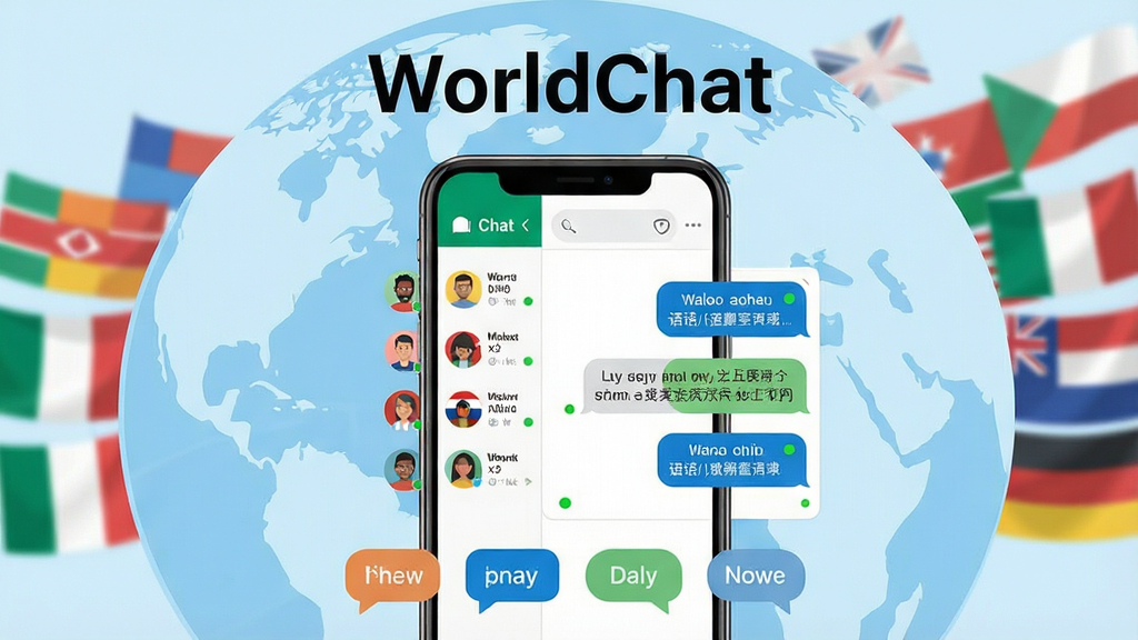 һ��չʾWorldChat��������ȫò��ͼƬ�������������һ�������ֻ�����Ļ����ʾWorldChat������棬����ǲ�ͬ���ҵ��û�ͷ���б����Ҳ��Ǵ��з������ݵĶԻ����ڣ�������ǳ��ɫ����������������Ԫ�صĳ�����ϡ����岼��Ϊ���й�ͼ���Ϸ����׷���������������