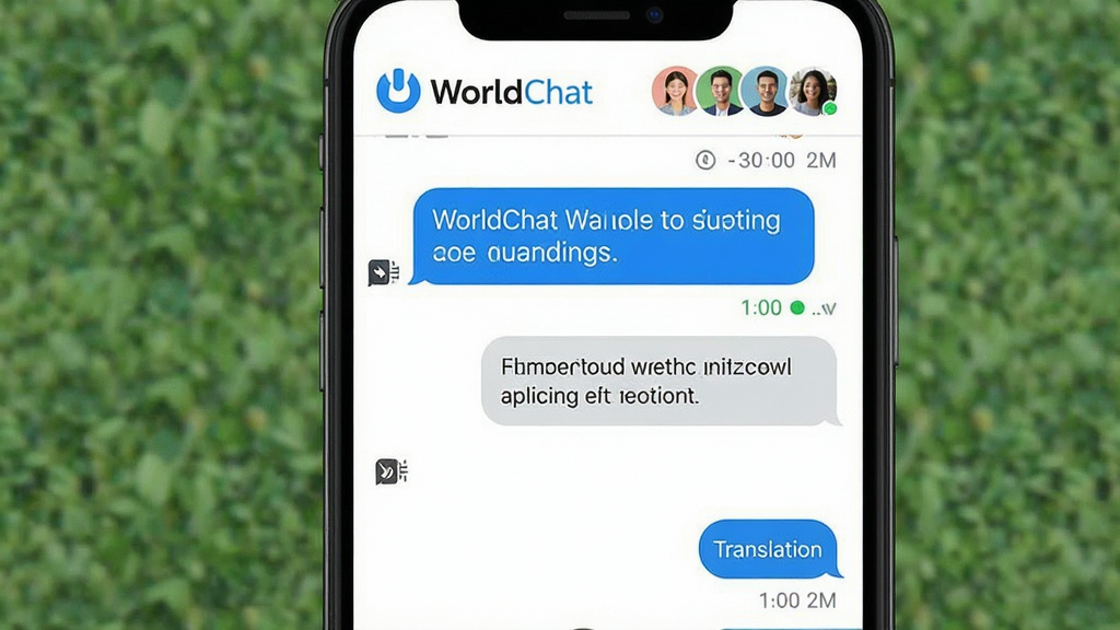 һ��չʾWorldChatʵʱ�������칦�ܵ�ͼƬ����������Ϊһ���ֻ���Ļ����Ļ����ʾ��Ӣ˫����յ��������ݣ���������Ϊ��ɫ��Ӣ������Ϊ��ɫ�������·�����С�ͷ���ͼ�ꡣ����Ϊ�����ֻ����棬������WorldChat��logo�������û�ͷ�񡣷��Ϊ�ִ���ƽ��UI��ϸ�ڰ���ʱ������Ѷ�״̬�����밴ť�������������ɾ����޶���Ԫ�ء�