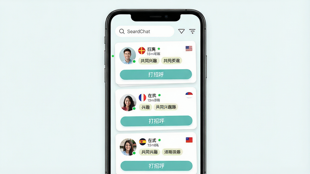 һ��չʾWorldChatȫ���û�ƥ�书�ܵ�ͼƬ�������м���һ���ֻ�����Ļ��ʾ�û�ƥ�俨Ƭ�б���ÿ�ſ�Ƭ���в�ͬ���ҵ��û�ͷ�񡢹����ʶ����Ȥ��ǩ����Ƭ�·���