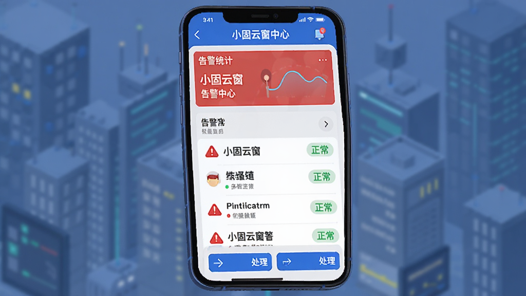 �������ֻ���Ļ��ʾС���ƴ��澯����ҳ�棬����Ϊ�Ϸ��澯ͳ�ơ��в��澯�б����·�������ť���Ű����������Ϊ��ƽ���Ƽ��廭��ϸ�ڰ�����ɫ�澯ͼ������ɫ����ͼ�꣬���ʸ��塢�ɾ����޶���Ԫ��