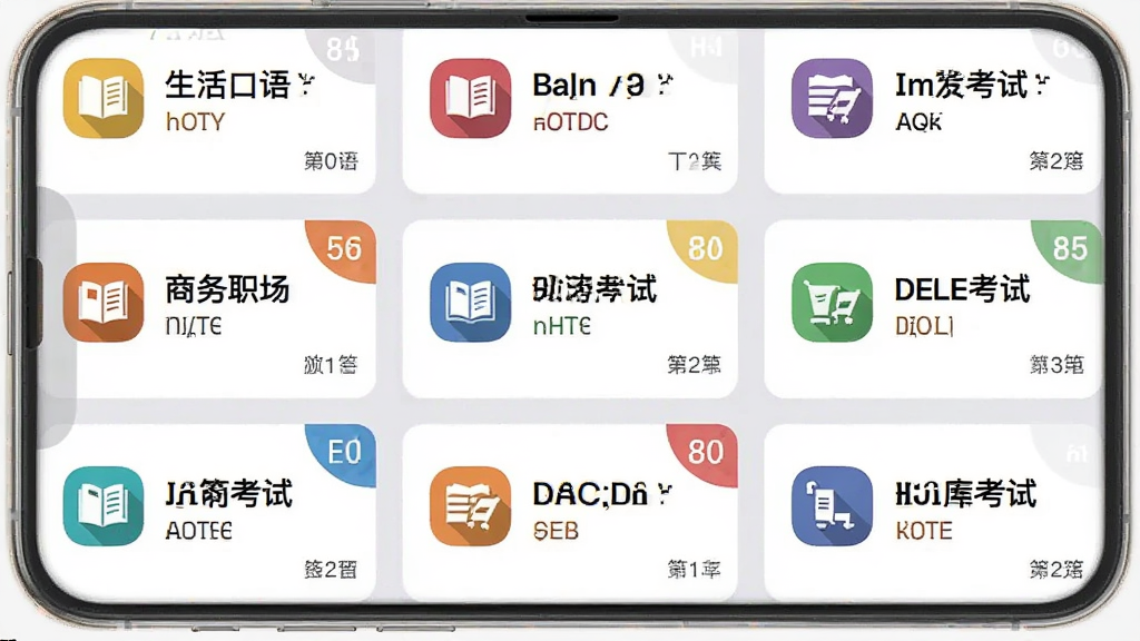 莱特西班牙语学习背单词多维度词库分类界面截图,画面展示手机屏幕内多个词库分类卡片以网格形式排列,卡片上分别标注生活口语商务职场旅游出行DELE考试等标签,背景为浅灰色,布局为三列网格排版,风格扁平化设计,细节上每个卡片带有彩色图标和单词数量角标,画质高清干净无多余元素