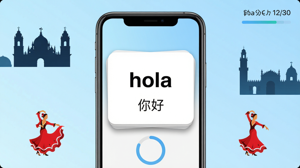 莱特西班牙语学习背单词软件主界面预览图,画面中央展示手机屏幕内单词卡片翻转学习场景,卡片上写有西班牙语单词hola与中文释义你好,背景为浅蓝色渐变,周围散落西班牙风情建筑剪影与弗拉门戈舞者简约图标,布局采用居中对称式排版,整体风格清新明快,细节上卡片带有圆角阴影和进度环,右上角显示每日学习进度12/30,画质高清干净无多余元素