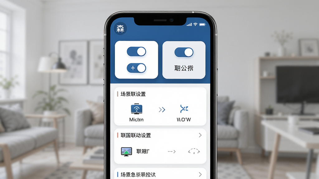森蓝远程控制与场景联动界面展示图,主体为手机屏幕,屏幕中显示远程控制面板与场景联动设置卡片,布局采用网格化排列,排版上方为控制按钮下方为场景列表,风格为简约商务风,细节包含开关滑块、模式图标与联动箭头,画质高清,干净,无多余元素
