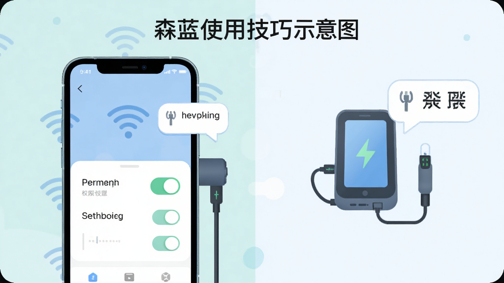 森蓝使用技巧示意图,主体为手机屏幕与设备连接场景,布局左侧为手机界面右侧为设备图标,排版采用左右对照形式,风格为清新浅色扁平风,细节包含Wi-Fi信号图标、权限设置开关与提示气泡,画质高清,干净,无多余元素