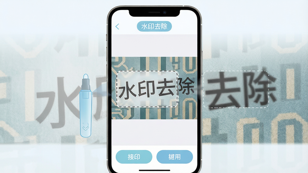 画面展示“无痕消除笔”软件的一键水印去除功能,手机屏幕中是一张带有文字水印的图片,水印区域被虚线框选,框选后水印消失并恢复为背景图案,界面顶部显示“水印去除”标签,整体采用浅色清爽风格,布局为上下结构,上方为功能标签,中间为编辑区,下方为操作按钮,细节包含水印消失的过渡动画和干净背景的纹理细节,画质高清,干净,无多余元素