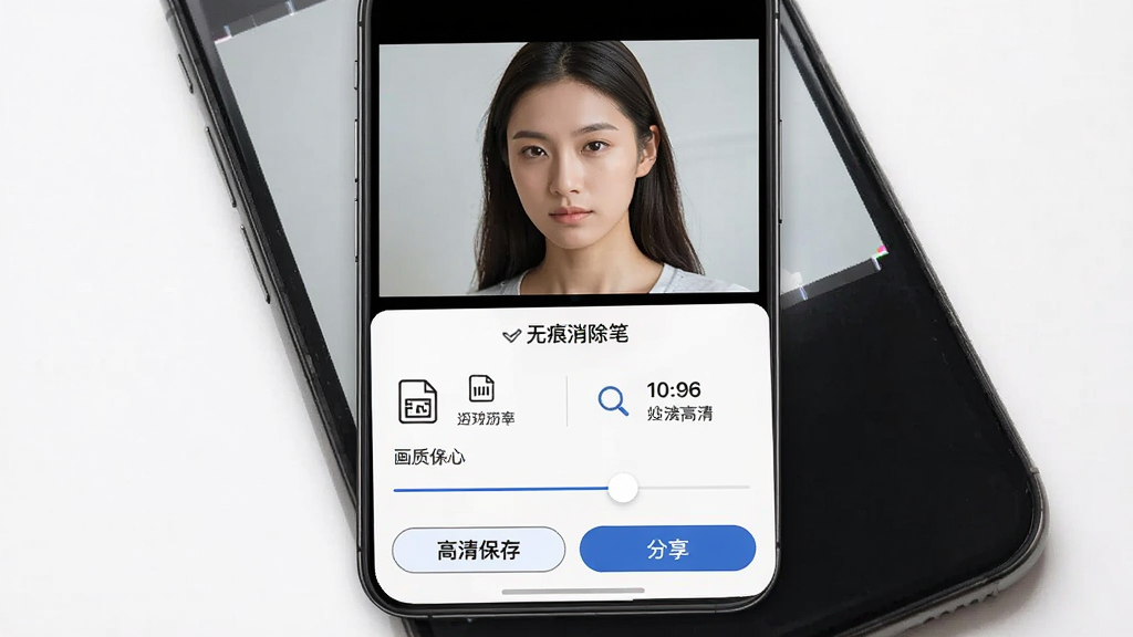 画面展示“无痕消除笔”软件的导出保存界面,手机屏幕中是一张编辑完成的照片,下方弹出保存格式选项和画质选择滑块,界面显示“高清保存”和“分享”按钮,整体采用简约商务风格,布局为上下结构,上方为照片预览,下方为导出设置面板,细节包含格式图标和分辨率数值,画质高清,干净,无多余元素
