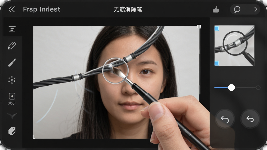 画面展示“无痕消除笔”软件的手动擦除功能界面,手机屏幕中是一张人物肖像照片,手指正在用细笔刷擦除背景中的一根电线,界面右侧显示笔刷大小调节滑块和撤销重做按钮,整体采用深色主题,布局为左中右结构,左侧为工具栏,中间为照片编辑区,右侧为参数调节,细节包含放大镜辅助定位和擦除轨迹高亮,风格专业且易用,画质高清,干净,无多余元素