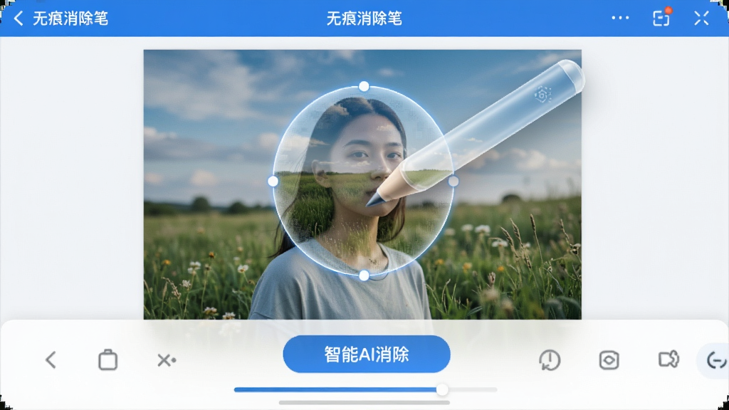 画面展示“无痕消除笔”软件的特写界面,屏幕中央是一张风景照片,照片中有一个人物被半透明的智能笔刷圈选,圈选区域正在被自动填充为草地和天空,界面下方显示“智能AI消除”功能按钮,整体采用蓝色和白色的科技配色,布局为上下结构,上方为照片预览,下方为工具栏,细节包含像素级纹理融合效果和进度条,风格简洁现代,画质高清,干净,无多余元素