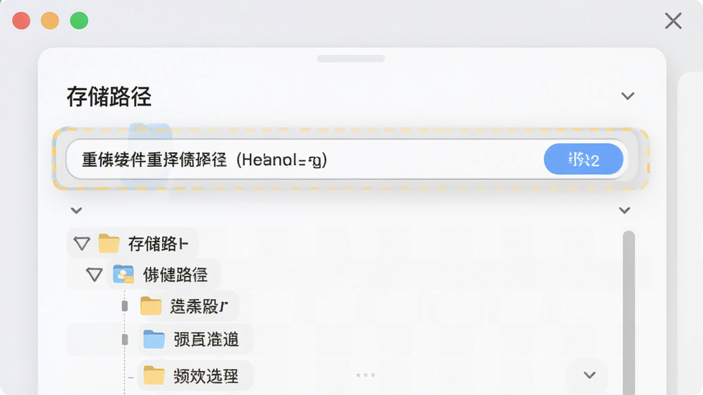 软件设置界面截图风格,展示“存储路径”选项,下方有文件夹树状图供选择,界面采用卡片式设计,配色柔和,重点突出路径选择区域,画面整洁,无杂乱信息,高分辨率