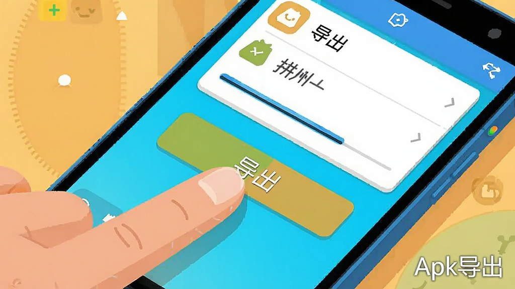 一部安卓手机屏幕特写,画面中一只手正准备点击屏幕上的“导出”按钮,屏幕显示应用列表和导出进度条,风格为科技感扁平插画,色彩明亮,细节清晰,画质干净,软件名称“Apk导出”以水印形式出现在角落