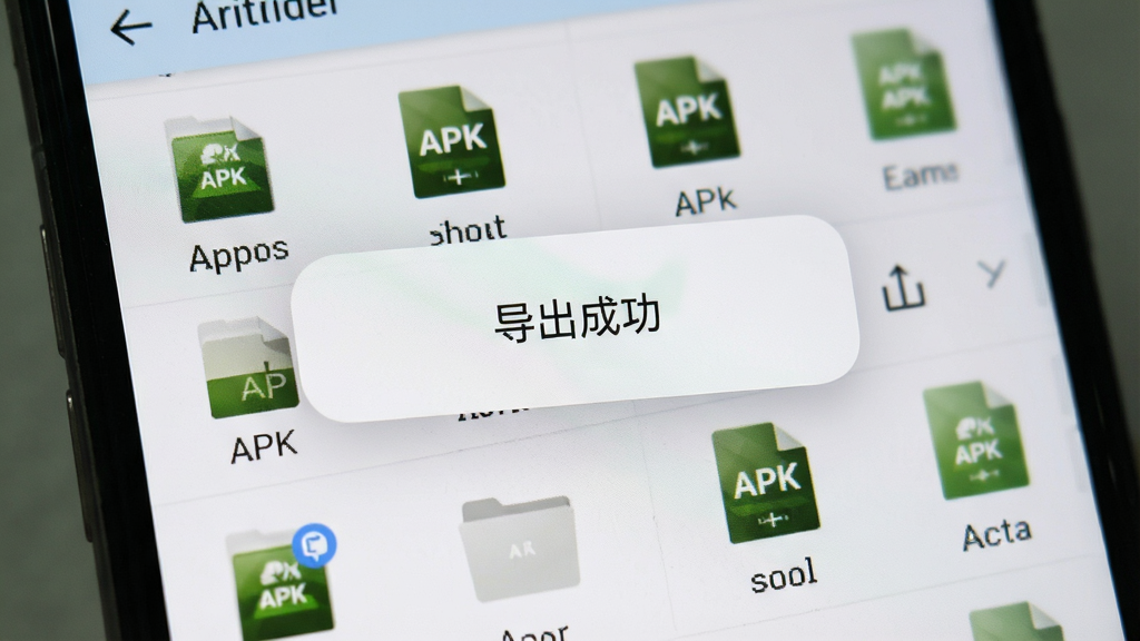 手机屏幕显示“导出成功”的提示弹窗,背景是文件管理器中生成的APK文件列表,风格为写实界面截图风,画面明亮,细节清晰,突出成功与文件管理元素,干净无杂乱