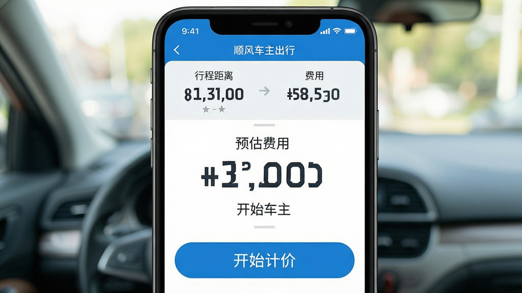 一张展示顺风车主出行计价软件界面的手机截图,主体为手机屏幕中央显示计价器界面,布局采用上下结构上方显示行程距离与预估费用,排版简洁清晰,风格为现代扁平化设计,细节包括蓝色主色调、数字大字体显示、底部有开始计价按钮,画质高清干净无多余元素