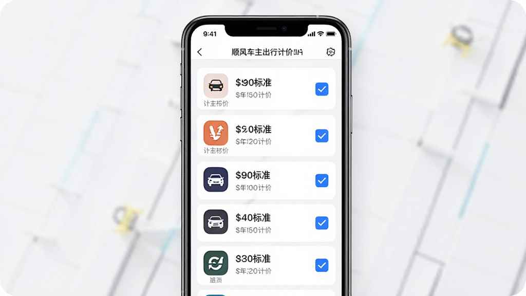 一款名为顺风车主出行计价的手机应用界面展示,主体为手机屏幕中显示多个平台图标与计价规则选项,布局为纵向列表排列,排版整齐有序,风格为清新简约风,细节包括每个平台图标下方标注计价标准文字、选中状态有蓝色勾选标记,画质清晰干净无多余元素